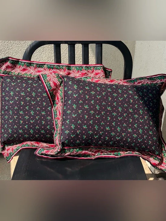 Vera Bradley Black Pillows - Setnof 2 with Red & Green Holly Ribbon Border.