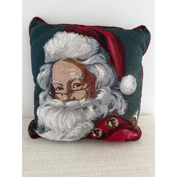 Santa Claus Tapestry‎ Textured Christmas 2 Sided Pillow Red Cord Trim 17x17