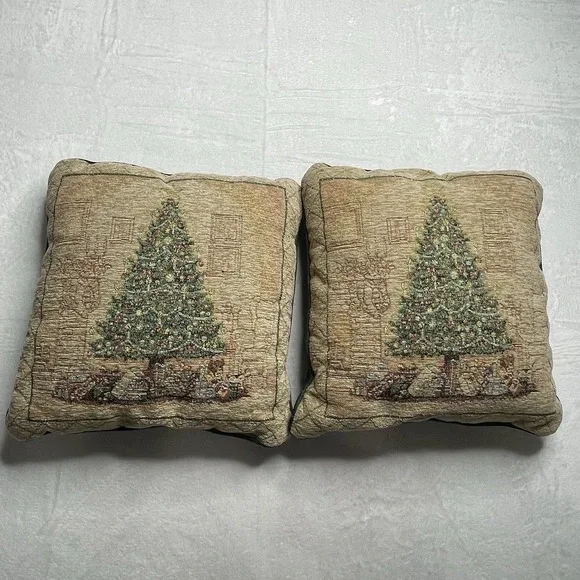 Christmas Tree Gold Green Tapestry Decor Holiday Pillow Set of 2 Unbranded 15x15