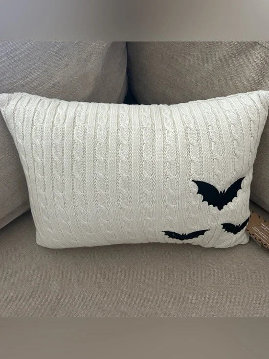 “New” Cupcakes & Cashmere Cream Cable-Knit Decorative Pillow with Black Bats