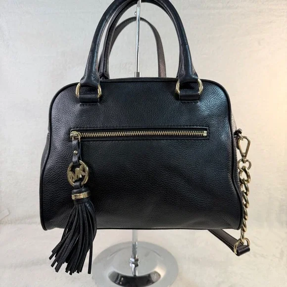 Michael‎ Kors Vintage Bedford Black Pebbled Leather Satchel Crossbody Bag Gold