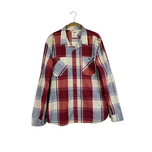 Levis Button Up Shirt Lightweight Long Sleeve Red Blue Retro Plaid Size Large