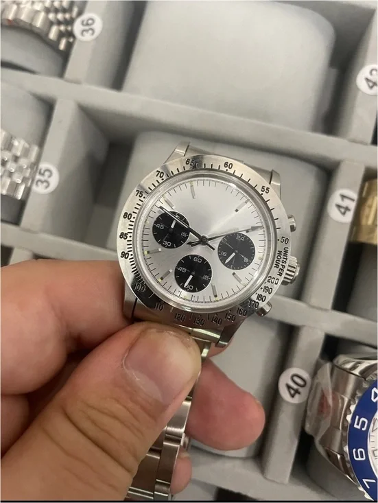 Silver Stainless Steel Chronograph Watch with Black Subdials 36 mm stock 270