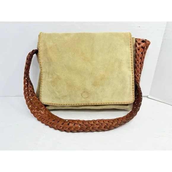Vintage Plinio Visona Italy Suede Leather Shoulder Bag Braided Strap Boho
