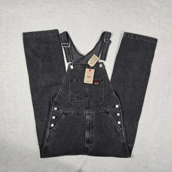 Levis Mens Small Relaxed Loose Overalls Faded Gray Black Denim Cotton S