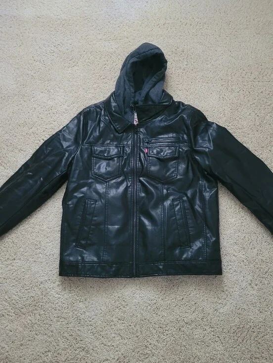 Levi Strauss Mens Black Faux Leather Moto Trucker Hoodie Layer Jacket  L
