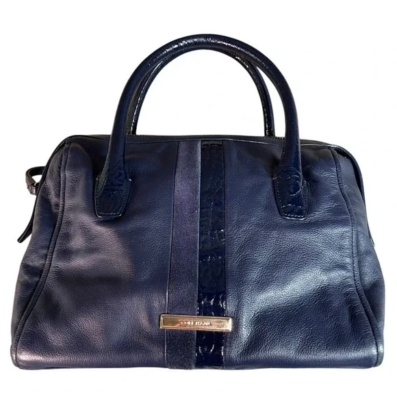 Cole Haan Navy Blue Leather Satchel Bag Suede Patent Stripe Gold Hardware Bag