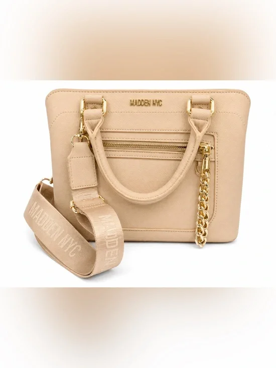 Madden NYC Beige Satchel with Gold Chain Accent