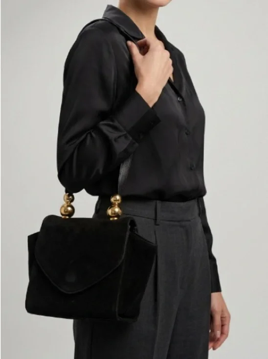 Stuart Weizmann Black Suede Crossbody Bag with Gold Accent Beads