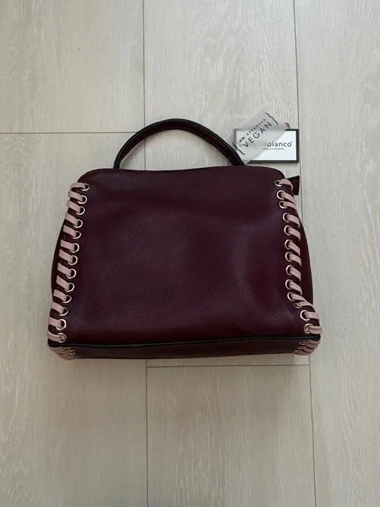 Melie Bianco Burgundy Satchel with Pink Braided Trim