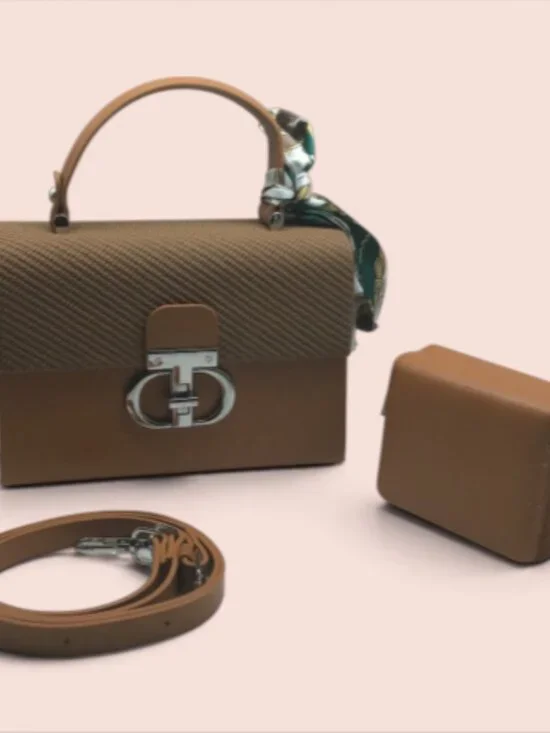Chic Camel Brown Textured Satchel Handbag & Matching Double Zip Wallet Set