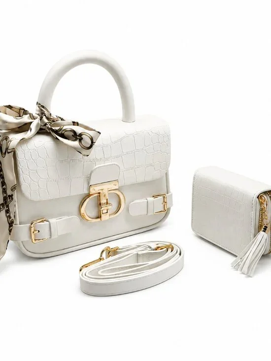 Elegant White Crocodile Embossed Top Handle Handbag & Matching Wallet Set
