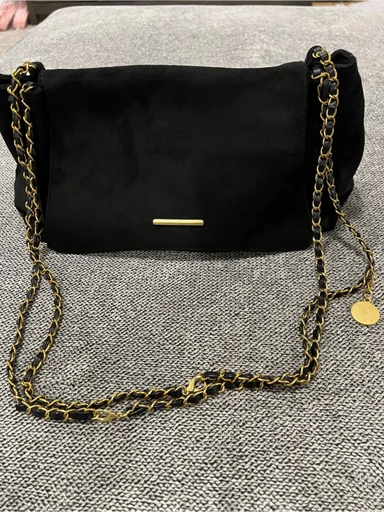 Black Suede Chain-Detail Shoulder Bag