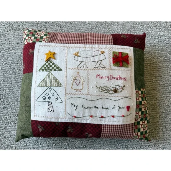 Handmade Christmas Patchwork Throw Pillow Primitive Embroidered Holiday Decor