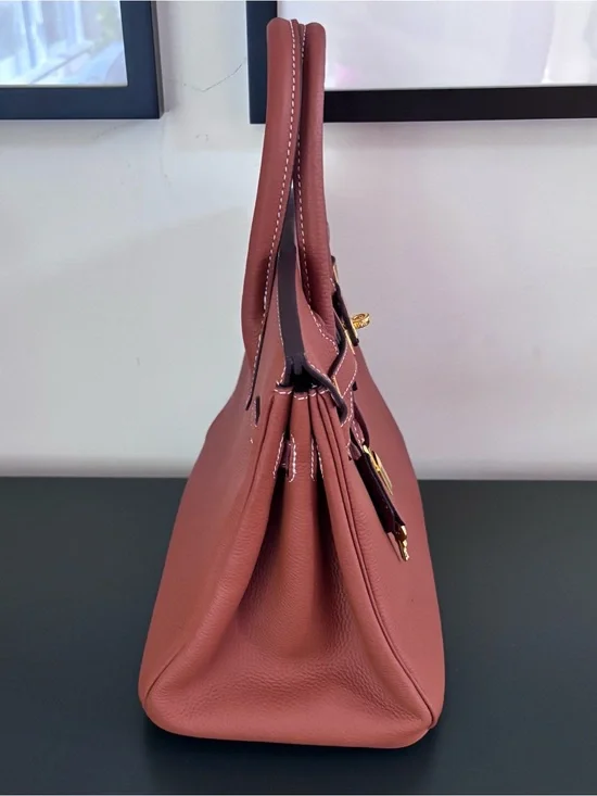 Birkin-Inspired Leather Satchel in Cognac with Gold Hardware