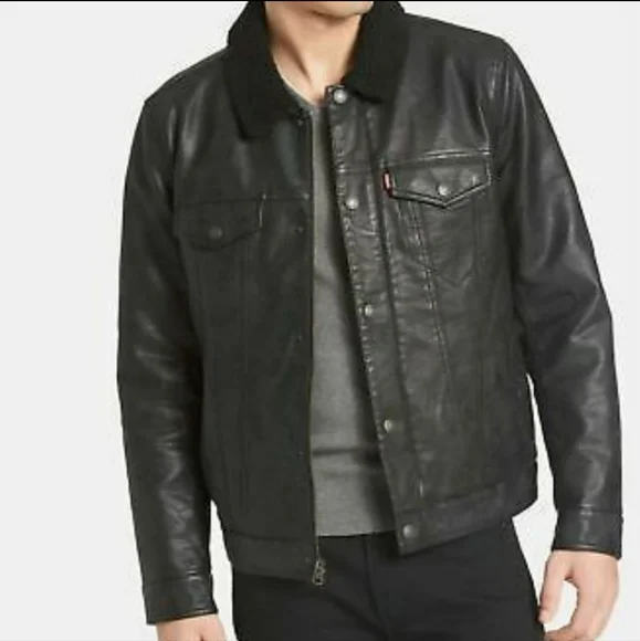 Levi's faux soft vegan black leather jacket coat dark gray sherpa lined size xxl