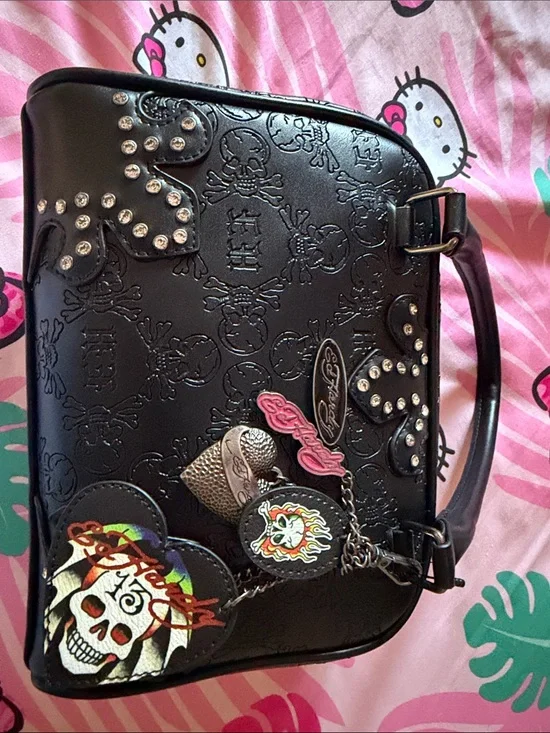 Ed Hardy Black Embossed Studded Satchel