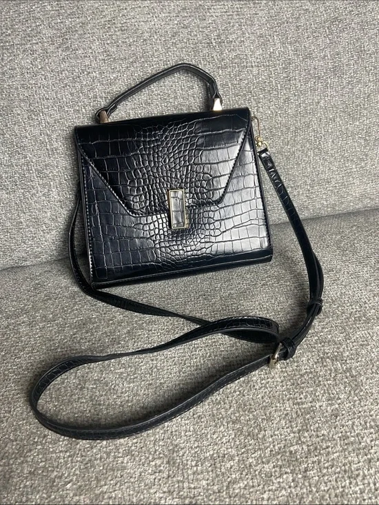Madison West Black Croc-Embossed Top Handle Satchel with Strap