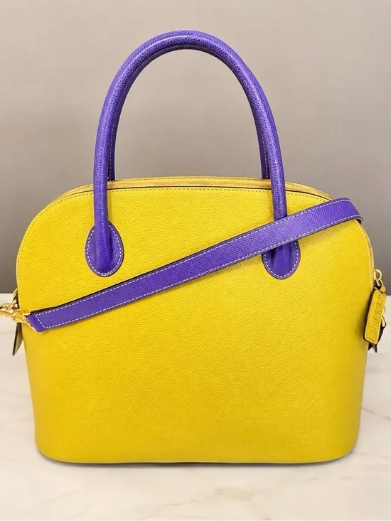 Vtg Celine Bicolor Dome Shell Chartreuse Yellow Purple Handles Crossbody Satchel