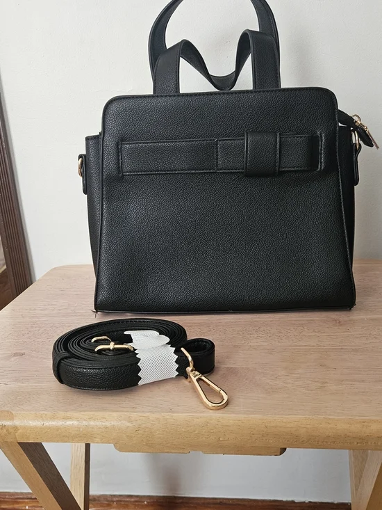 Black Structured Women's Handbag with Detachable Strap.