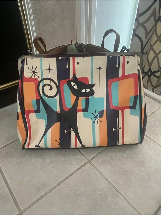 Kat McEnroe Atomic Retro Cat Print Crossbody Bag in Cream, Teal & Orange.