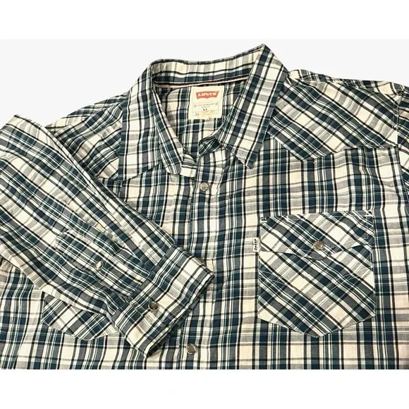 Levi's Shirt Mens XL Western Pearl Snap Blue Plaid Long Sleeve‎ Cotton Cowboy