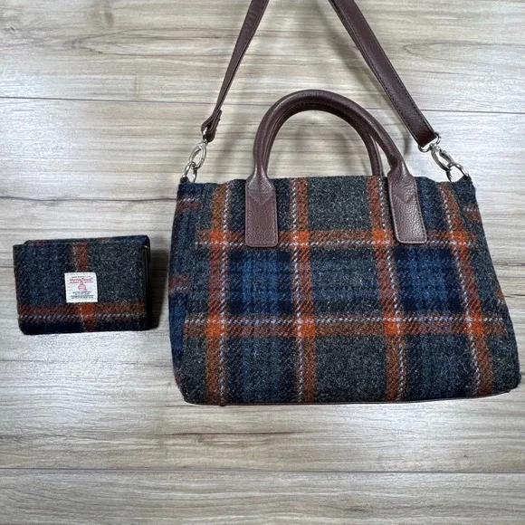 Glenn Appin Harris Tweed Wool Plaid Satchel Handbag and Wallet Set Blue Orange