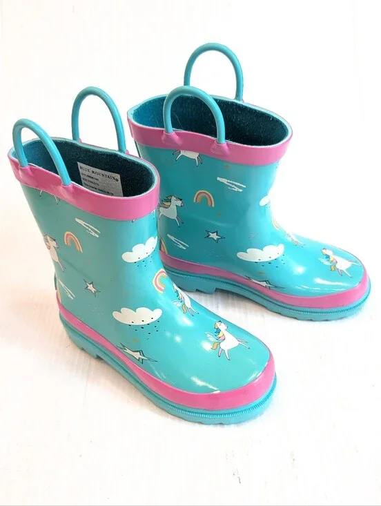 BLUE MOUNTAIN Kids Teal Unicorn Rain Boots with Pink Trim Size 9/10