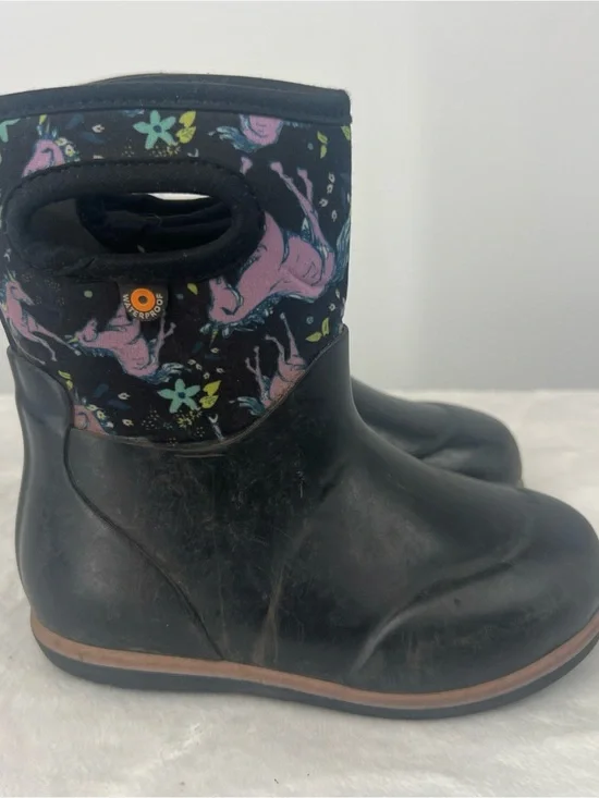 Bogs Kids Black Rain Boots with Purple Unicorns and Blue Floral Accents