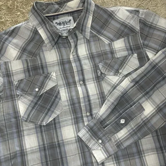 Levi's Shirt Men's Large Western Pearl‎ Snap Plaid Long Sleeve Gray Blue Cowboy