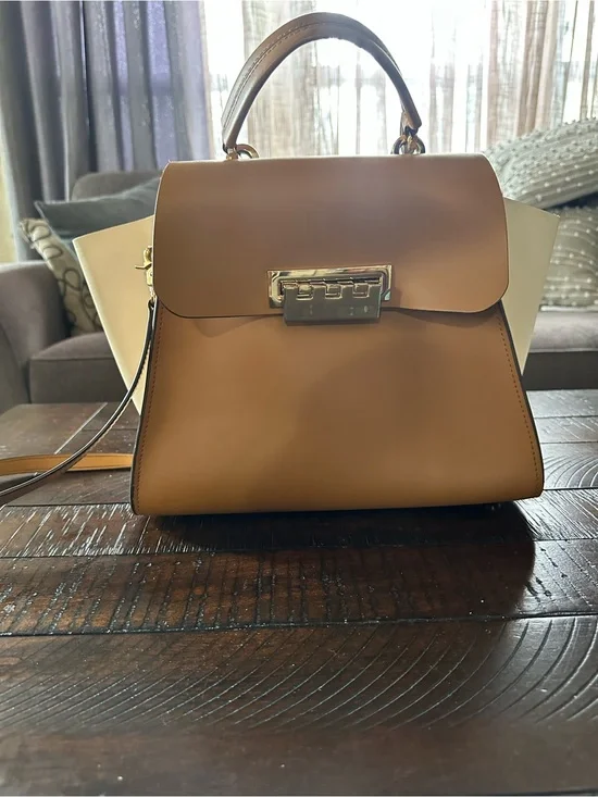 Zac Posen Brown and White Structured Top-Handle Satchel