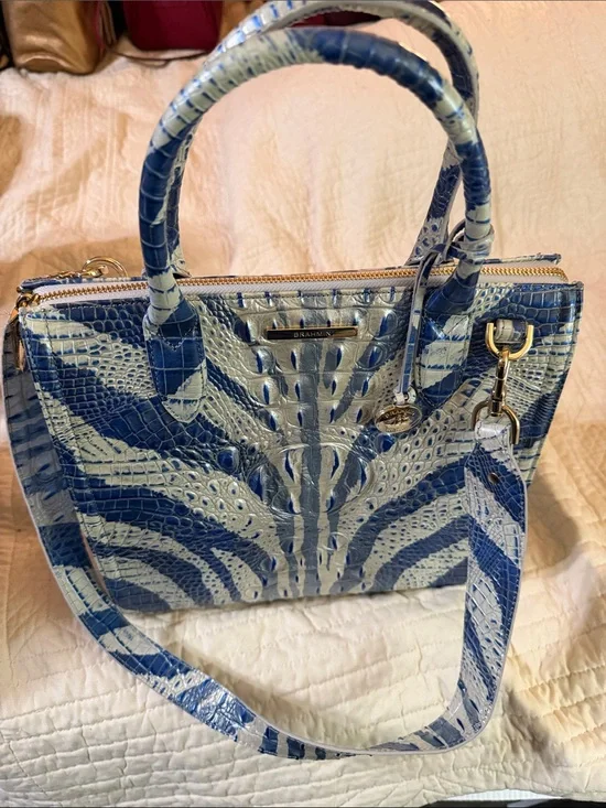 Brahmin Caroline Dazzle Melbourne Blue and White Croc-Embossed Satchel