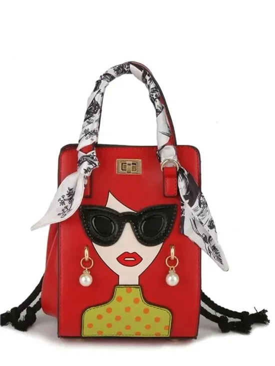 Red Top-Handle Satchel with Graphic Face Detail