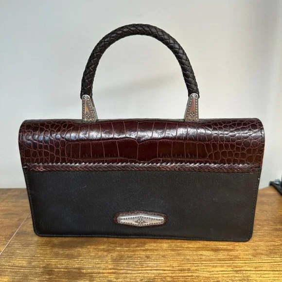 Brighton Gina Black Leather Croc Embossed Flap Handbag Braided Handle Silver