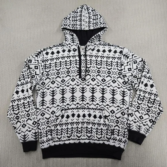 Levi's Hoodie Mens Medium White Fair Isle Fleece Pullover Kangaroo Pocket AOP
