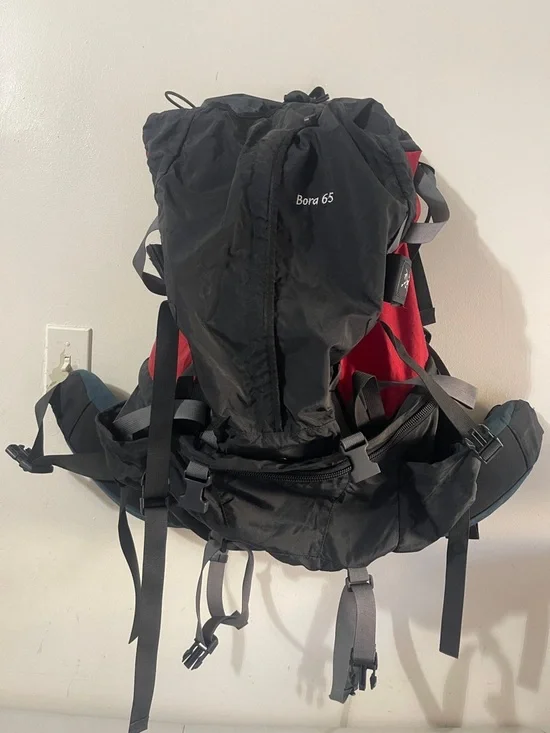 Arc'teryx Black and Red Backpack with Gray Straps