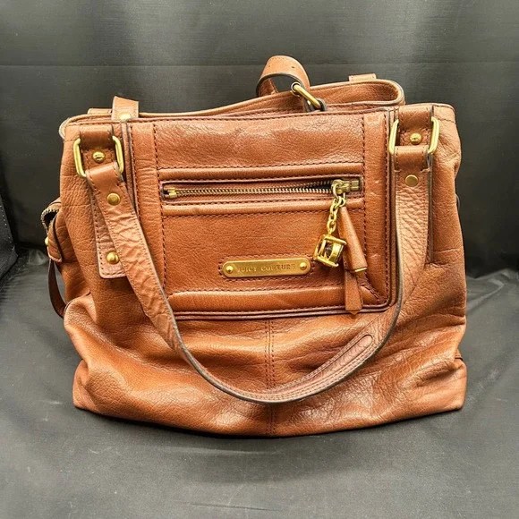 Juicy Couture Brown Buffalo Leather Satchel Crossbody Bag Gold Hardware Navy