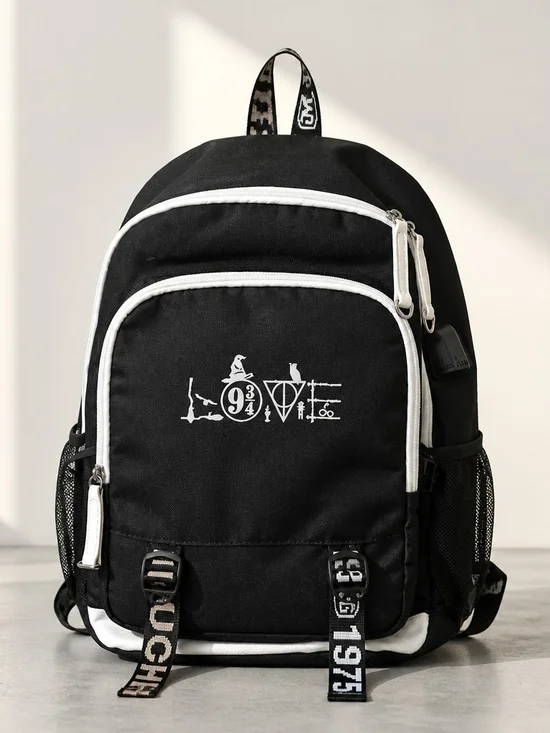 Harry Potter Inspired Black Graphic Zip Front Backpack with White Trim