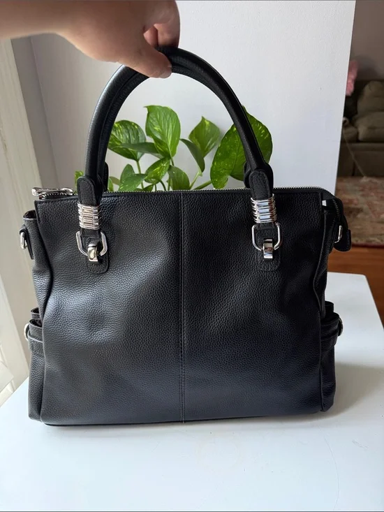 S-Zone Structured Black Pebbled Leather Satchel/Crossbody with Silver Accents