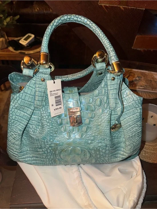 Brahmin Aqua Croc-Embossed Satchel with Gold Hardware