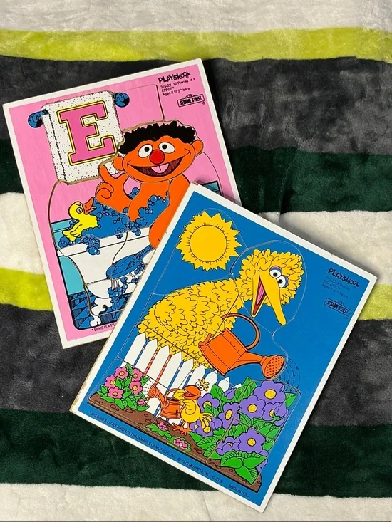 Vintage Playskool Sesame Street Puzzle - Big Bird Blue & Ernie Pink Wood Puzzles