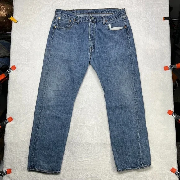 Levi's 501 Jeans Blue Denim‎ Mid Rise Classic Straight Button Fly 38X31 - Flaws
