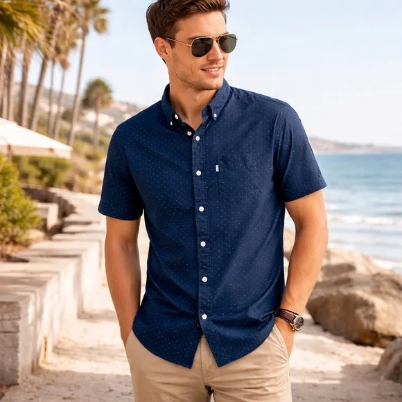 Levi’s Short Sleeve Button Down Shirt Navy Micro Print‎ Size Large 100% Cotton