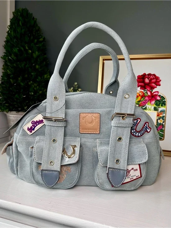 True Religion Y2K Light Wash Denim Cargo Patch Satchel Bag Purse NWT