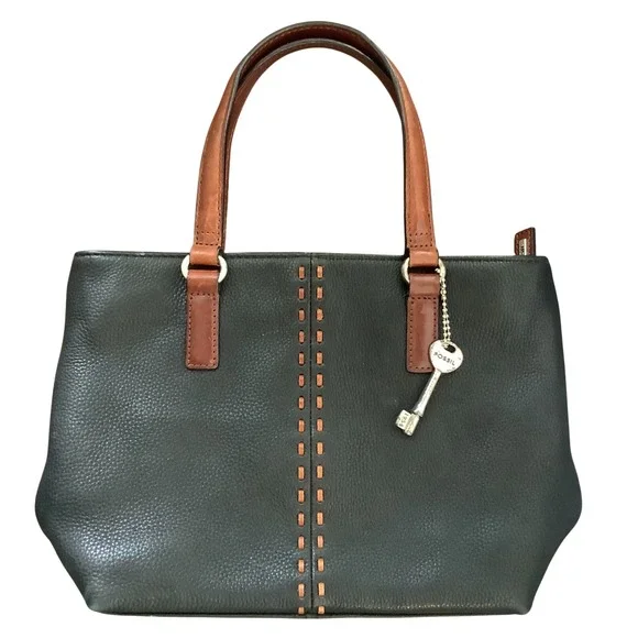 VINTAGE Black Fossil Leather Satchel Brown Top Handle Key‎ Charm Designer Purse