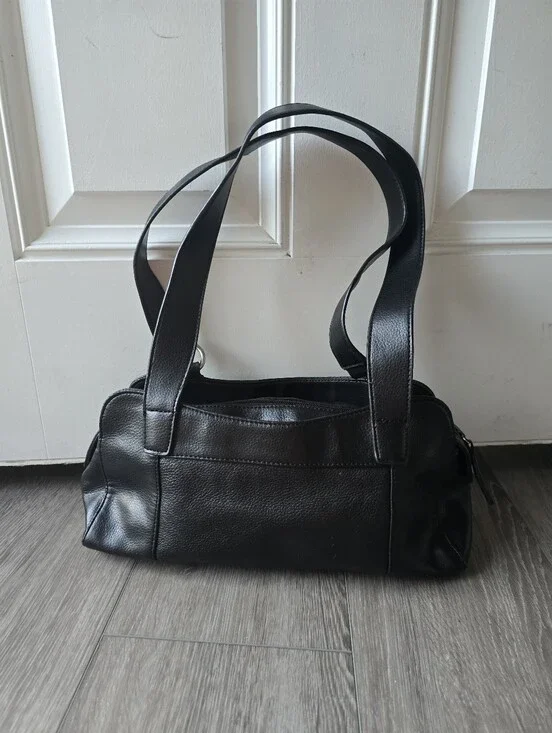 Genuine Leather Black Satchel Shoulder Bag Pebbled Multi Pocket Silver Hardware