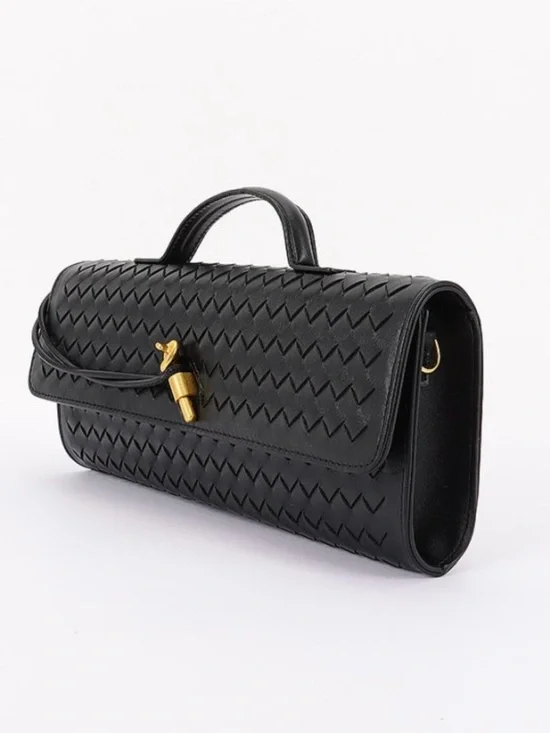Woven Leather Top-Handle Bag with Gold Hardware