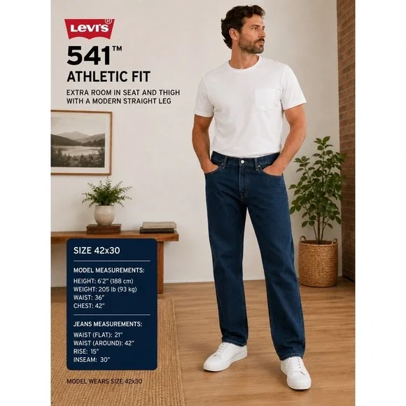Levi's 541 Athletic Fit Jeans‎ Men 42x30 Dark Wash Stretch Denim