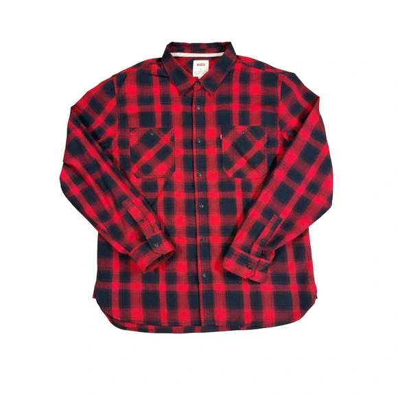 Levis Mens XL Buffalo Plaid Flannel Shirt Red Black Long Sleeve‎ 3LDLW10951