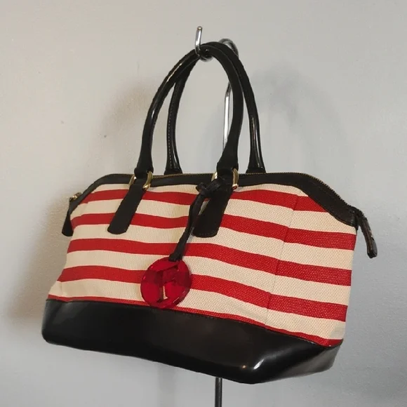Furla Patriotic Red Off White Stripes Canvas and Black Jelly Bottom Handbag
